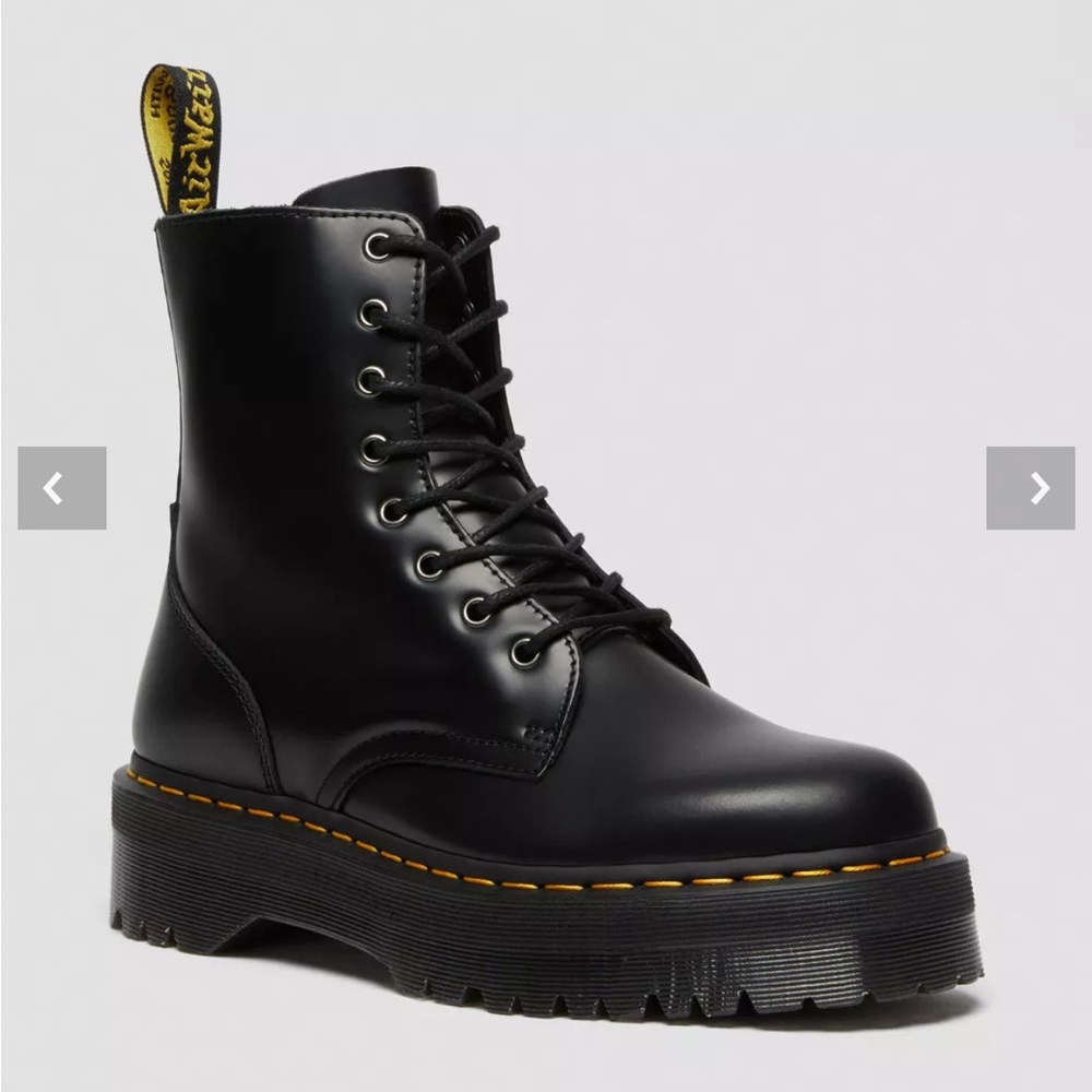 Dr. Martens Black Leather Platform Combat Boots with Yellow Stitching